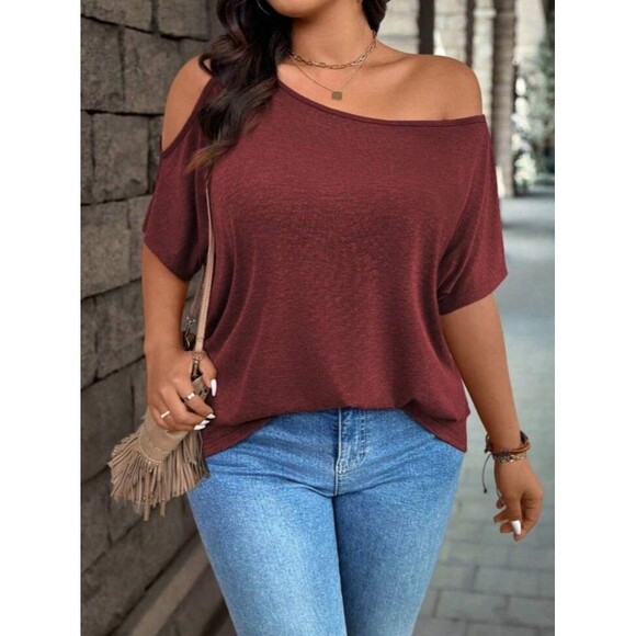 SHEIN Curve Women’s Casual Loose Slash Shoulder T-Shirt Sienna Color Size 4XL - Picture 2 of 7